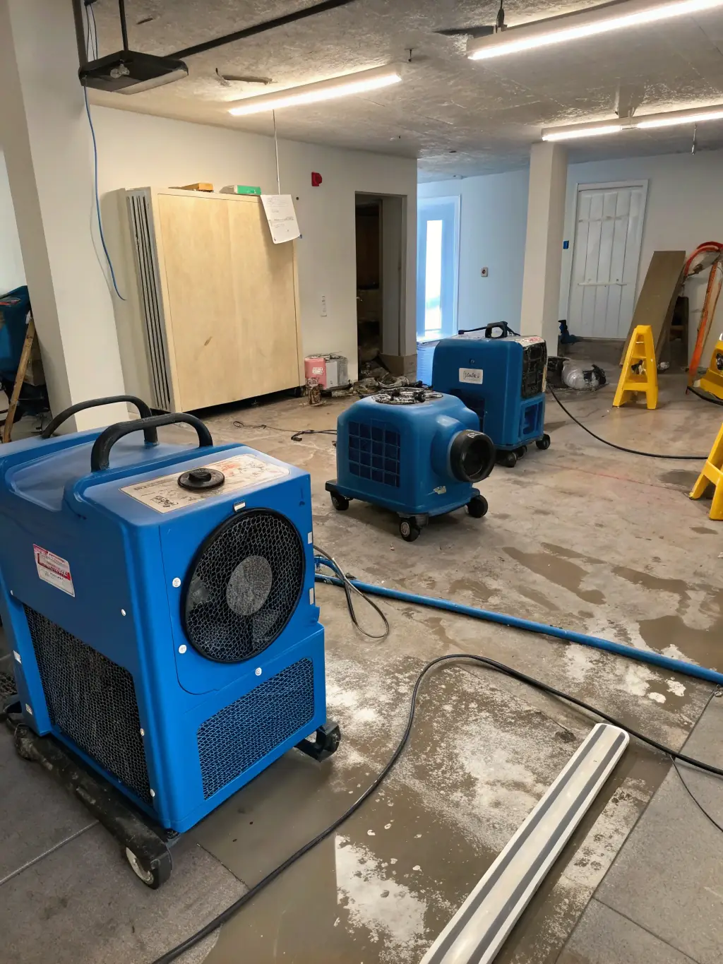 An image showing drying equipment set up in a home after water damage, focusing on the structural drying process.
