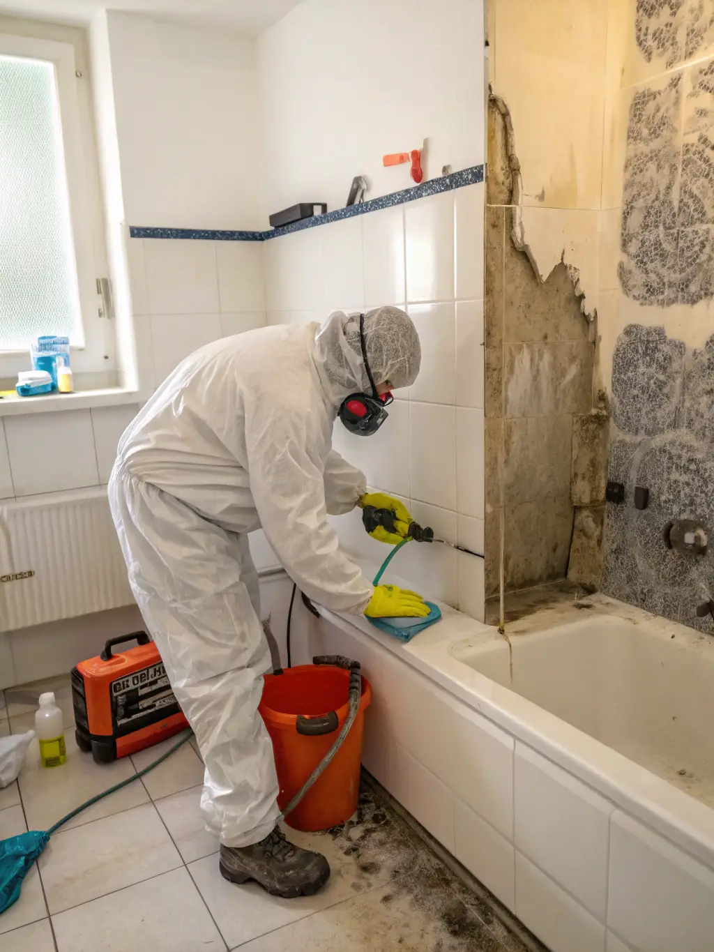 An image depicting mold remediation in progress, showcasing safety gear and equipment used by Viking Restoration Co to safely remove mold.