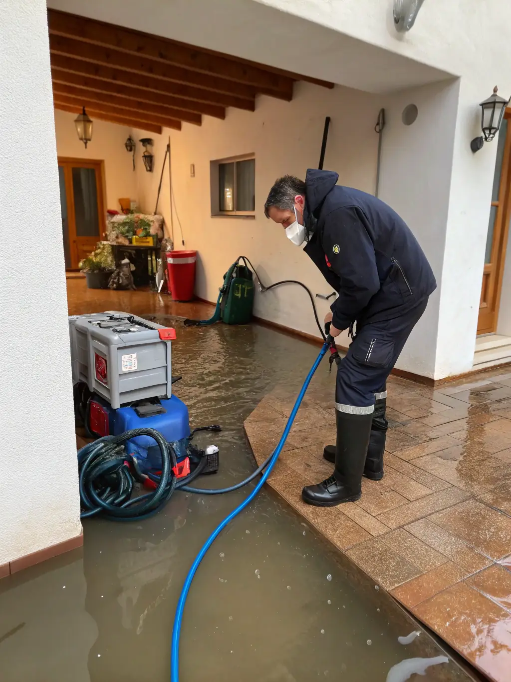 An image of a water extraction machine in use within a flooded home, showing the process of removing standing water.