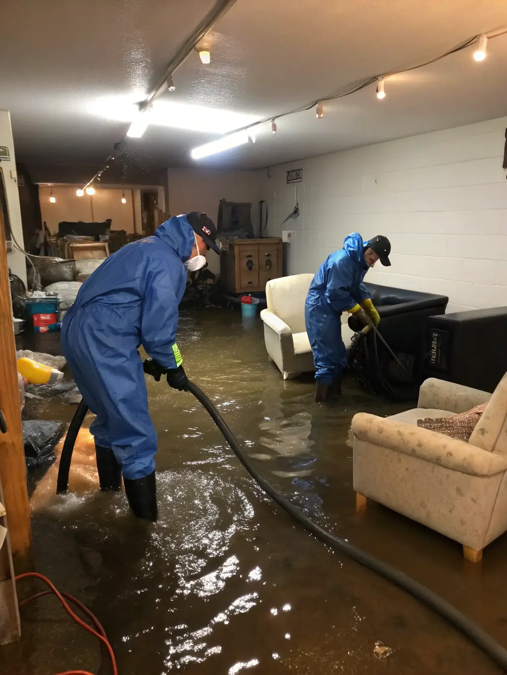 An image showing a team of professionals conducting flood cleanup in a residential area, removing debris and extracting water after a flood.