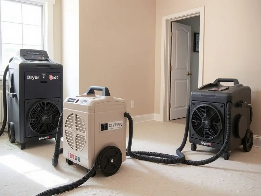 Specialized equipment being used to dry out structural components of a home, illustrating the structural drying process.