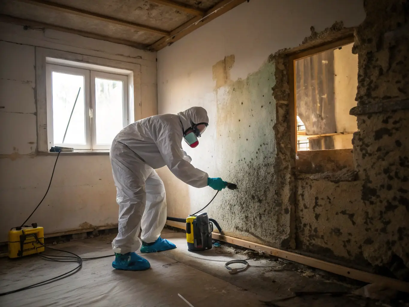 A technician in protective gear inspecting a wall for mold growth, highlighting the mold remediation process.